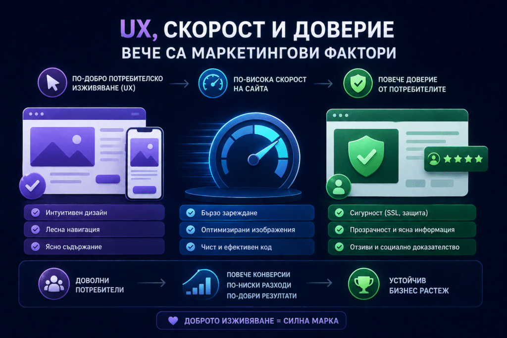 Маркетинг тенденции за 2026 година 4 UX, скорост и доверие вече са маркетингови фактори