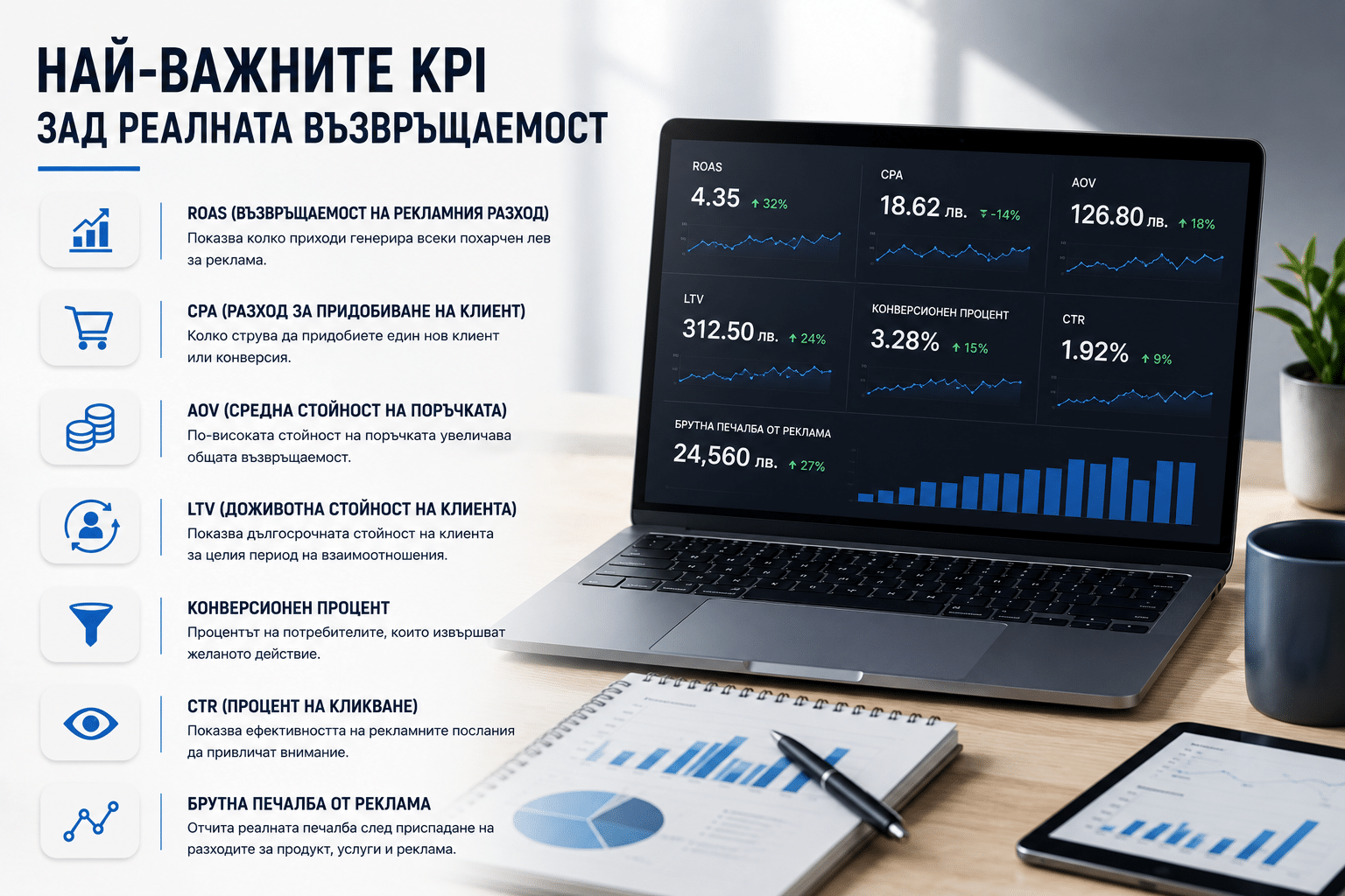 Как да измерим рекламна възвръщаемост правилно 4 Графики и данни за маркетинг KPI