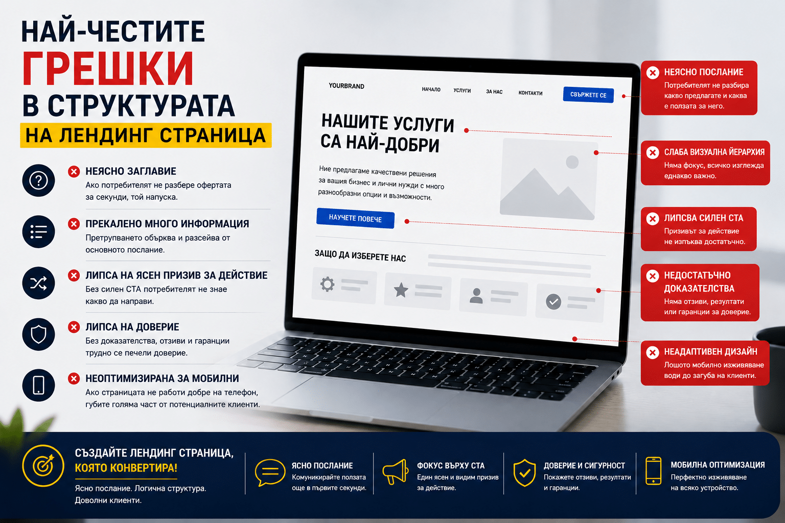Структура на лендинг страница, която продава 4 Най-честите грешки в структурата на лендинг страница